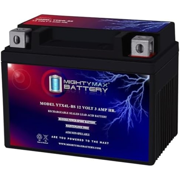 Mighty Max Battery YTX4L-BS - 12 Volt 3 AH, 50 CCA, Rechargeable Maintenance