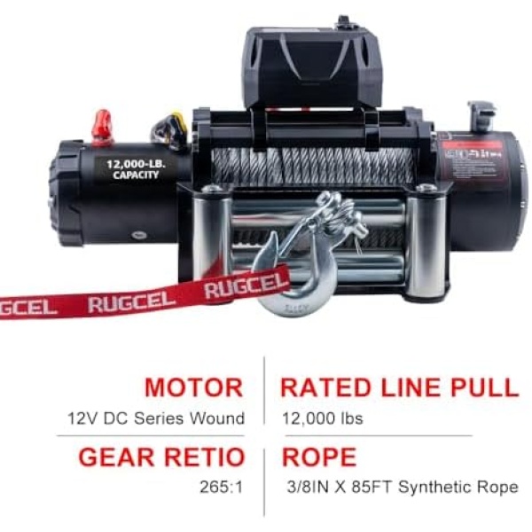 RUGCEL WINCH 12000lb 12V Truck Waterproof Electric Black Steel Rope Electric - Image 2