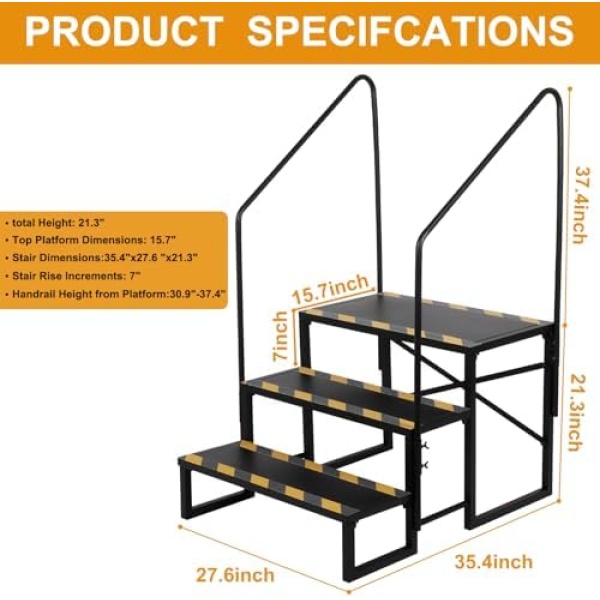 RV Steps with Handrails 3 Steps Mobile Home Stairs Outdoor RV Step Ladder with - Image 3