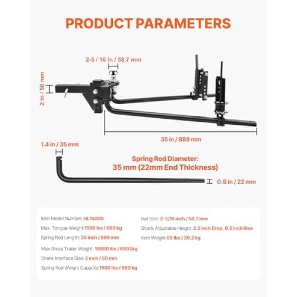 VEVOR Sway Control Weight Distribution Hitch, 1,500 lbs Capacity, Trailer Hitch - Image 7
