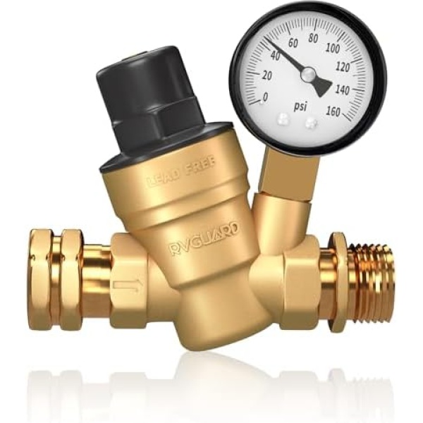 RVGUARD RV Water Pressure Regulator Valve, Brass Lead-Free Adjustable Water