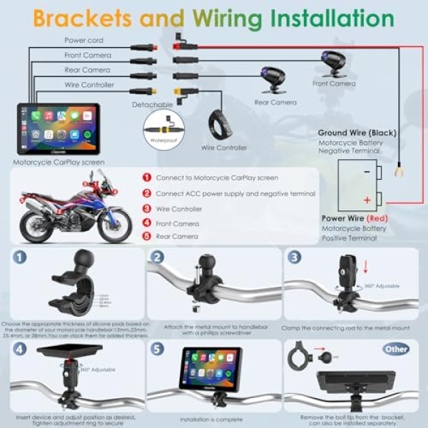 Carpuride W712D Motorcycle Carplay Screen with HD 1080P Dual Dash Cam - Image 8