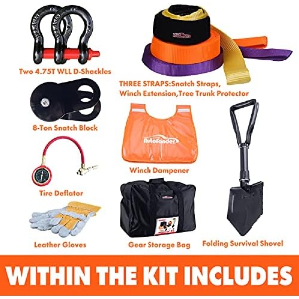 11Pcs Recovery Gear Offroad 4x4 kit-3 Pk Snatch Straps+2 D-Shackles+Snatch - Image 2
