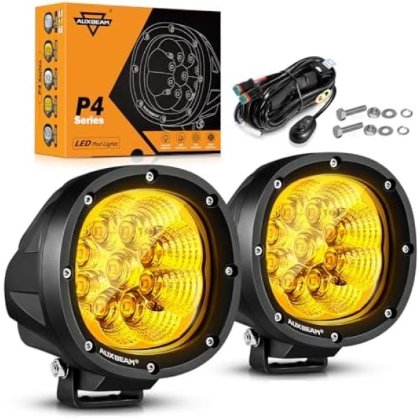 Auxbeam P4 Series Flood Beam Amber Round Light Pods, 4 Inch 90W Yellow Flood
