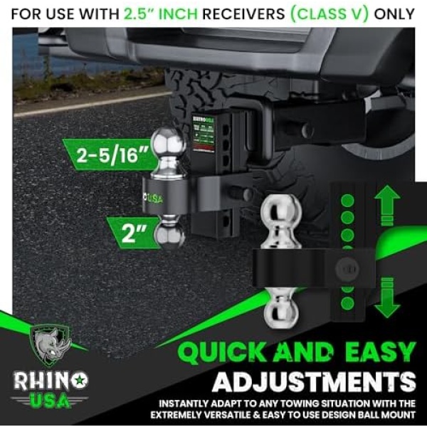 Rhino USA Adjustable Trailer Hitch (Fits 2-Inch Receiver) - Heavy Duty Aluminum - Image 5