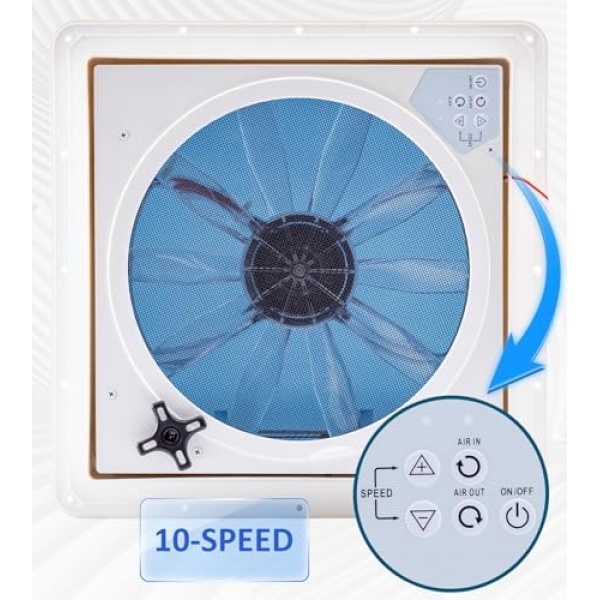 12V RV Roof Fan Vent 14'' 10 Speed Reversible Manual Lift - Image 2