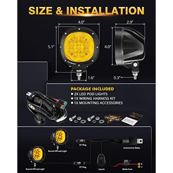 Auxbeam P4 Series Flood Beam Amber Round Light Pods, 4 Inch 90W Yellow Flood - Image 5