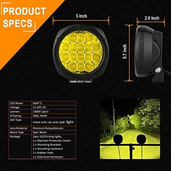 BIGLION.X 5 Inch Pair 160W Amber Round LED Offroad Lights 18800LM Amber Yellow - Image 3