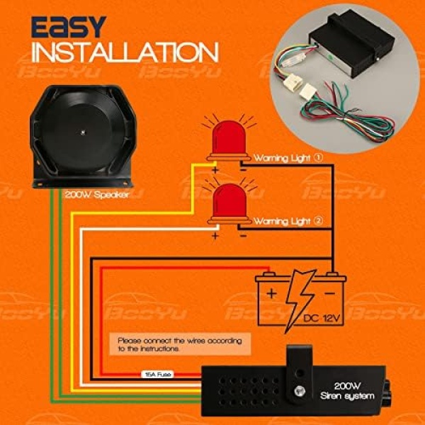 BooYu 12V 200W 9 Tones Police Warning Emergency Siren PA System - Image 6