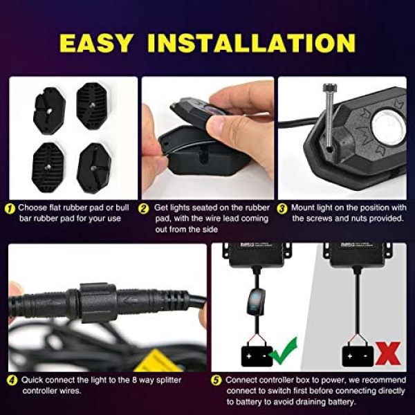 Nilight RGB LED Rock Lights Kit, 4 pods Underglow Multicolor Neon Light Pod - Image 6