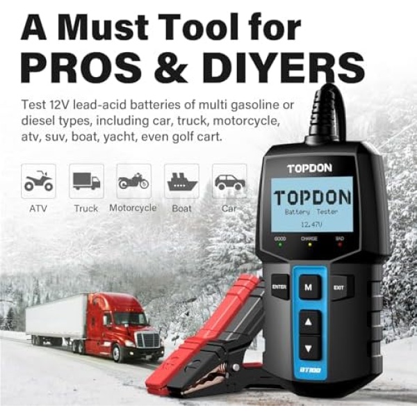 TOPDON BT100 Car Battery Tester 12V Load Tester, 100-2000 CCA Automotive - Image 6