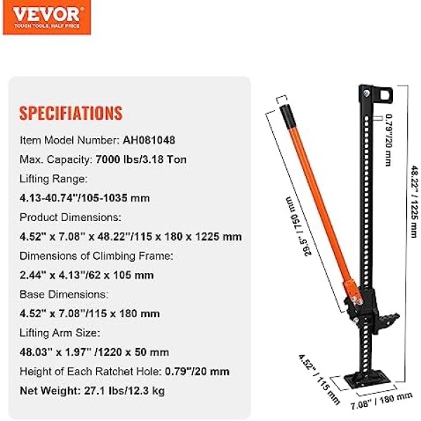 VEVOR Farm Jack,48" Utility High Lift Farm Jack, 7000 lbs Capacity Ratcheting - Image 7