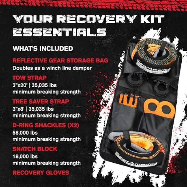 GearAmerica Off Road Recovery Kit, 9 Ton, Includes Tow Strap, Tree Saver, Snatch - Image 2