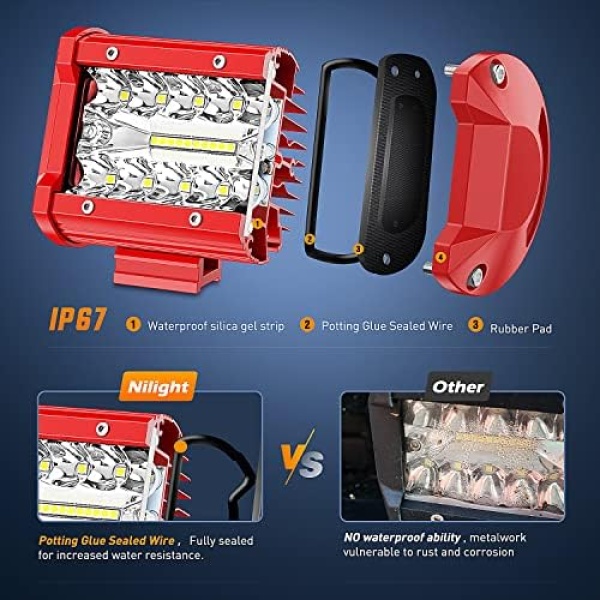 Nilight LED Light Bar 2PCS 60W 4Inch Triple Row Spot Flood Combo Lights - Image 3
