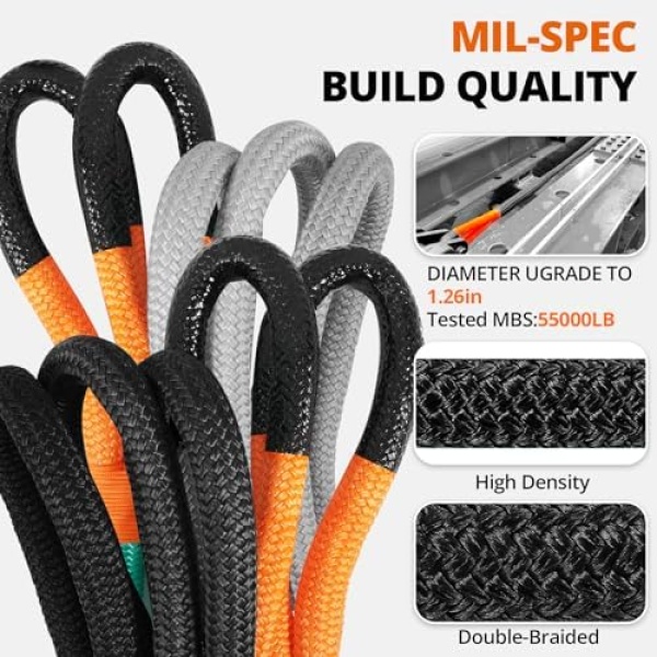 Kinetic Recovery Tow Rope: 1.26" x 30ft 55000LBS Snatch Strap with Soft Shackles - Image 2