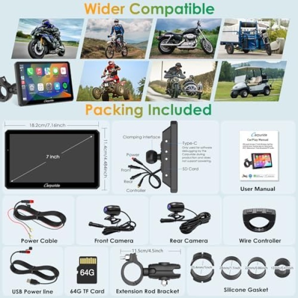 Carpuride W712D Motorcycle Carplay Screen with HD 1080P Dual Dash Cam - Image 9