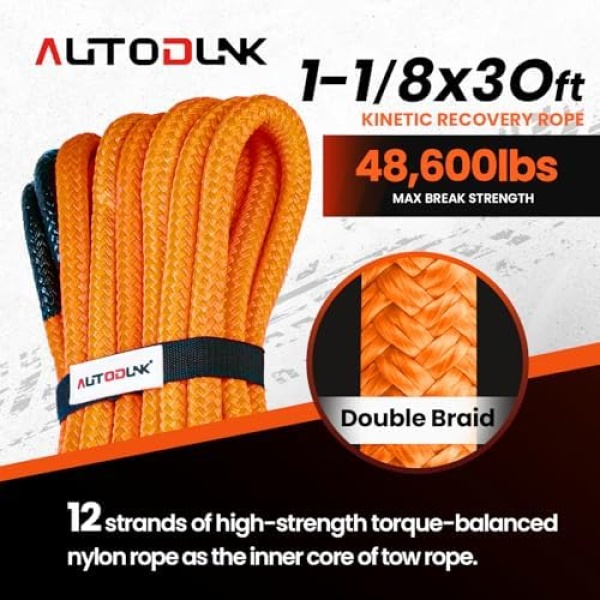 1-1/8" x 30' Kinetic Recovery Tow Rope (48,600lbs), with 2 Soft Shackles Offroad - Image 2