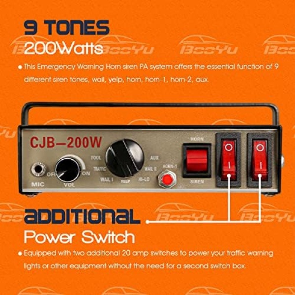 BooYu 12V 200W 9 Tones Police Warning Emergency Siren PA System - Image 5