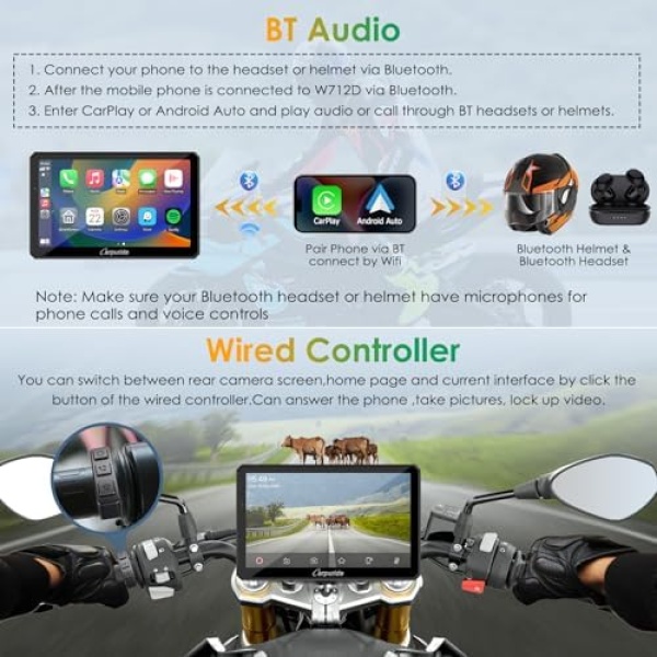Carpuride W712D Motorcycle Carplay Screen with HD 1080P Dual Dash Cam - Image 4