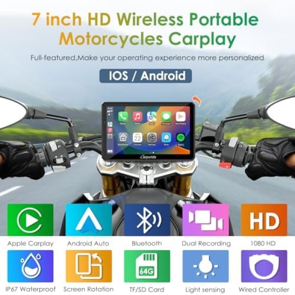 Carpuride W712D Motorcycle Carplay Screen with HD 1080P Dual Dash Cam - Image 2