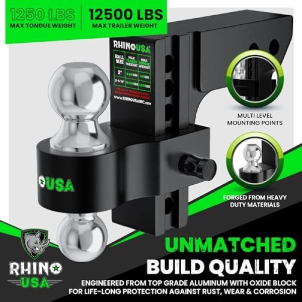 Rhino USA Adjustable Trailer Hitch (Fits 2-Inch Receiver) - Heavy Duty Aluminum - Image 2