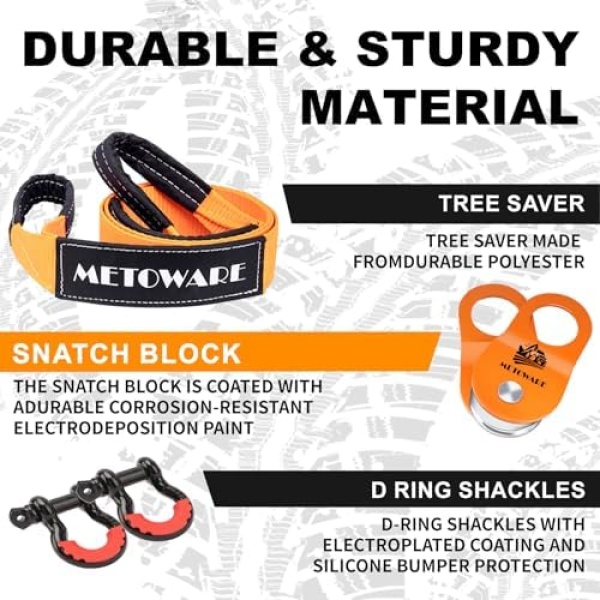 METOWARE Offroad Recovery Kit - 10 Ton Heavy Duty Winch Snatch Block Pulley - Image 3