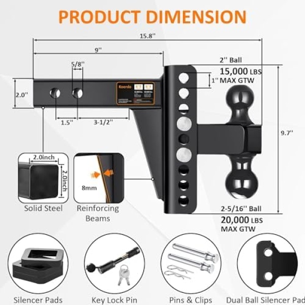 Adjustable Trailer Hitch -Drop Hitch-Tow Hitch with 2 inch Receiver-6inch - Image 4