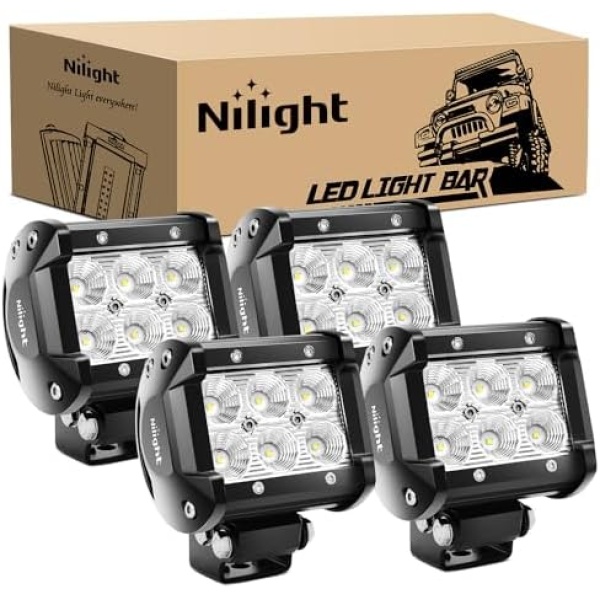 Nilight LED Pods 4PCS 18W 1260lm Flood LED Light Bar Driving Fog Light Off Road