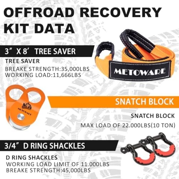 METOWARE Offroad Recovery Kit - 10 Ton Heavy Duty Winch Snatch Block Pulley - Image 2