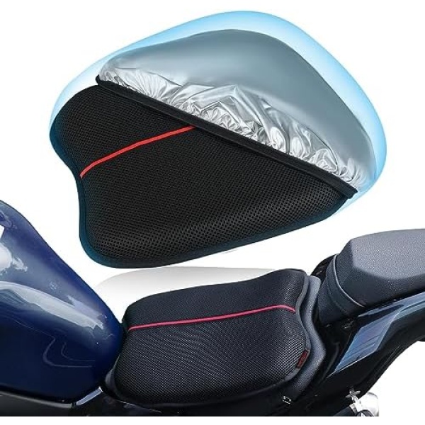 Motorcycle Gel Seat Cushion with Seat Pad Sunshade Cover, Large 3D-Honeycomb