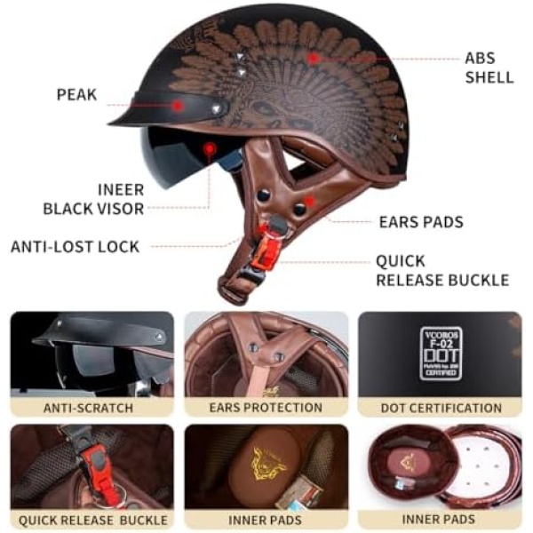 Motorcycle Half Helmet Sun Visor Quick Release Buckle DOT Approved Half Face - Image 2