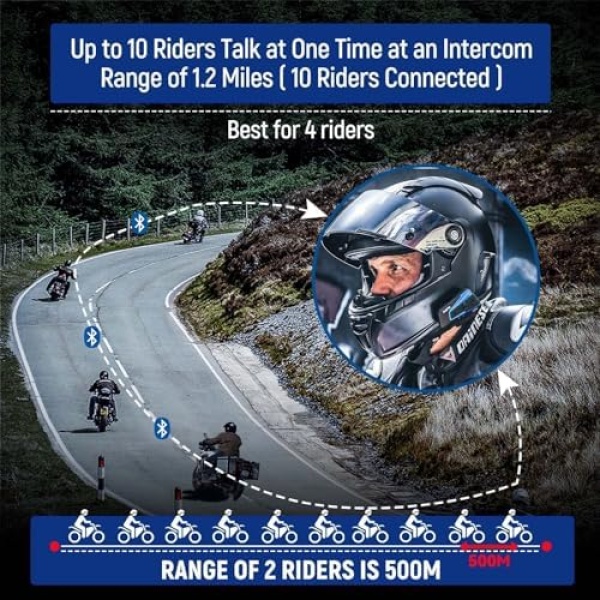 LEXIN B4FM Motorcycle Bluetooth Headset, 10 Riders Helmet Bluetooth Intercom - Image 2